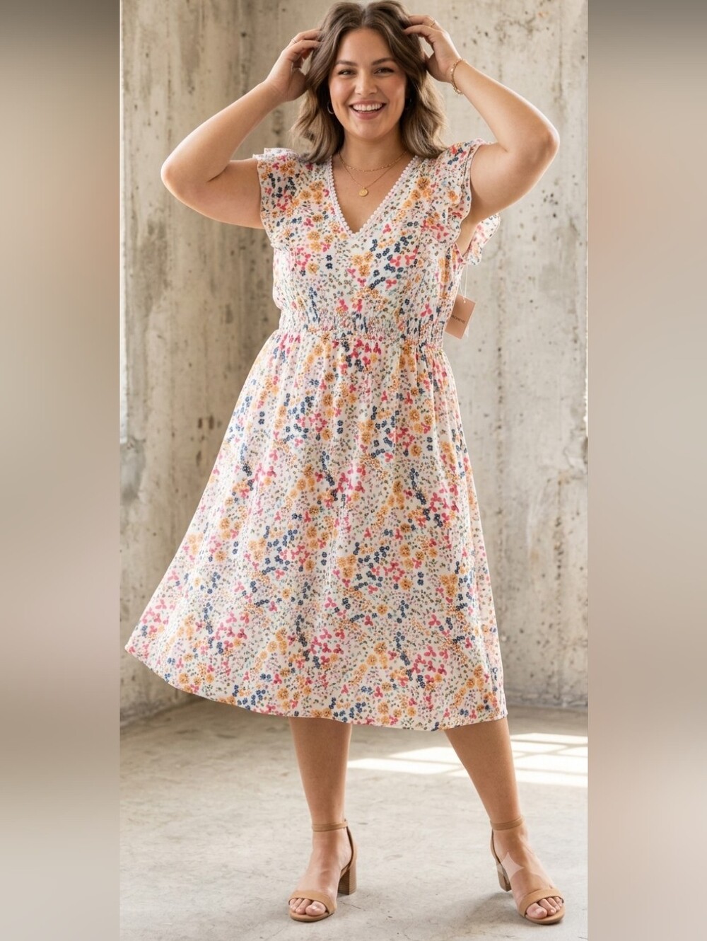 ☀️🩵🧡NWT🧡🩵☀️Floral Summer Midi Dress in White w/Flowers. Bloomchic 14/16